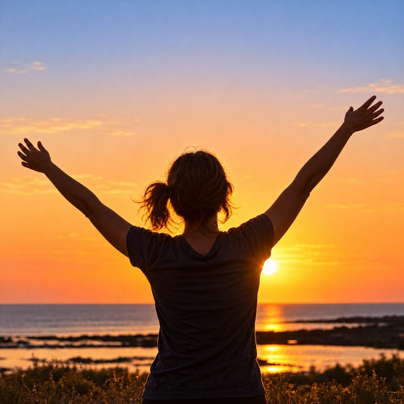 Arms raised to a sunset sky