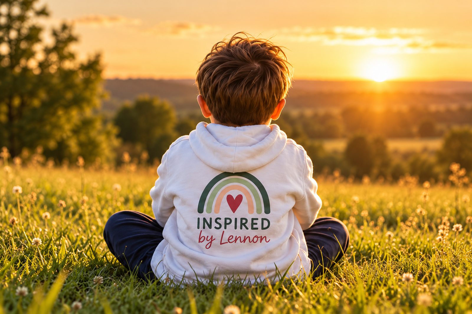 A boy in an Inspired by Lennon hoodie sitting on the grass at sunset, seen from behind