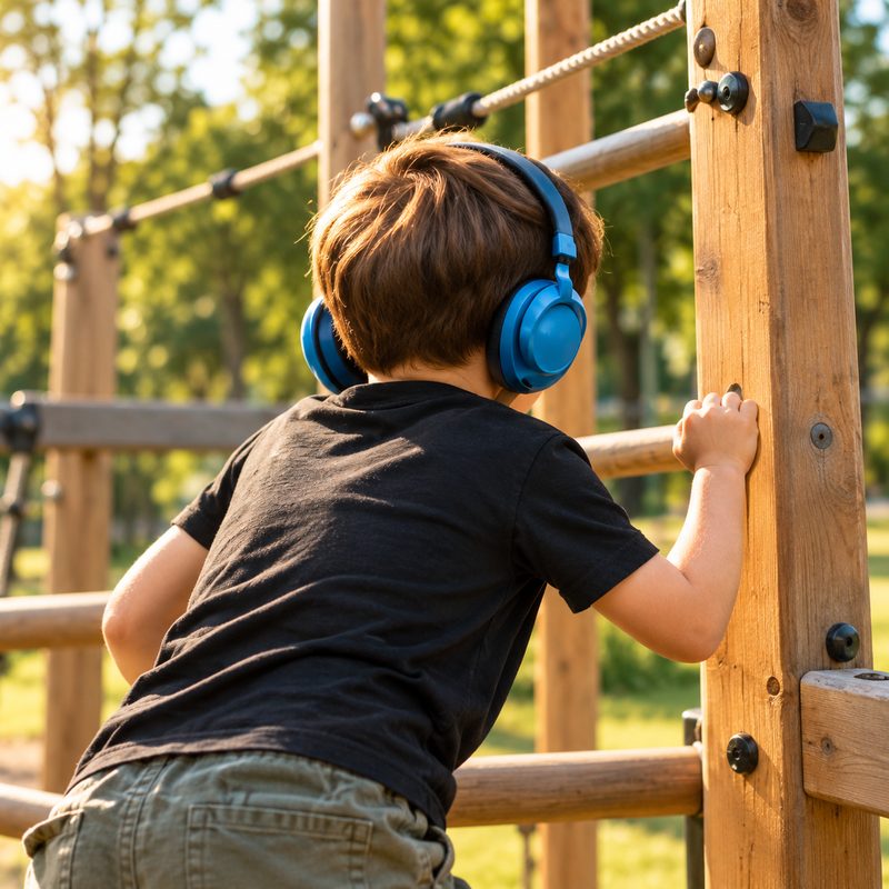 A boy in ear defenders climbing a wooden play frame